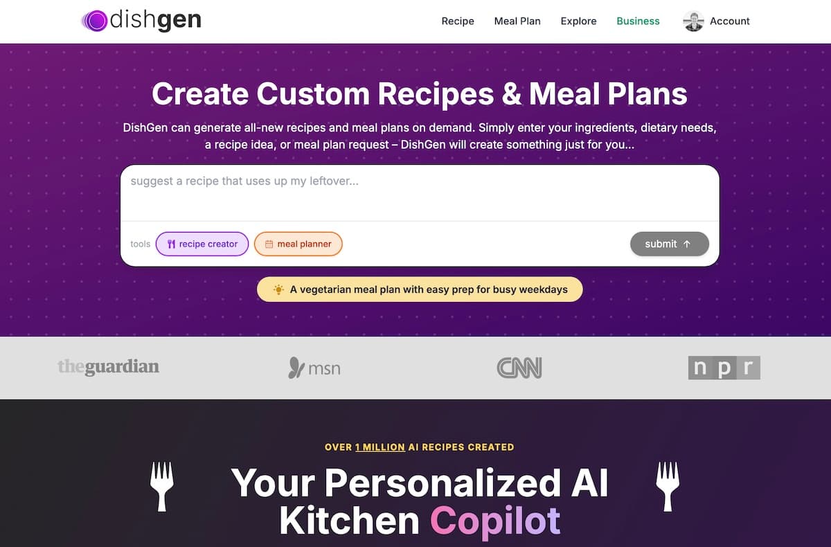 DishGen AI recipe generator interface